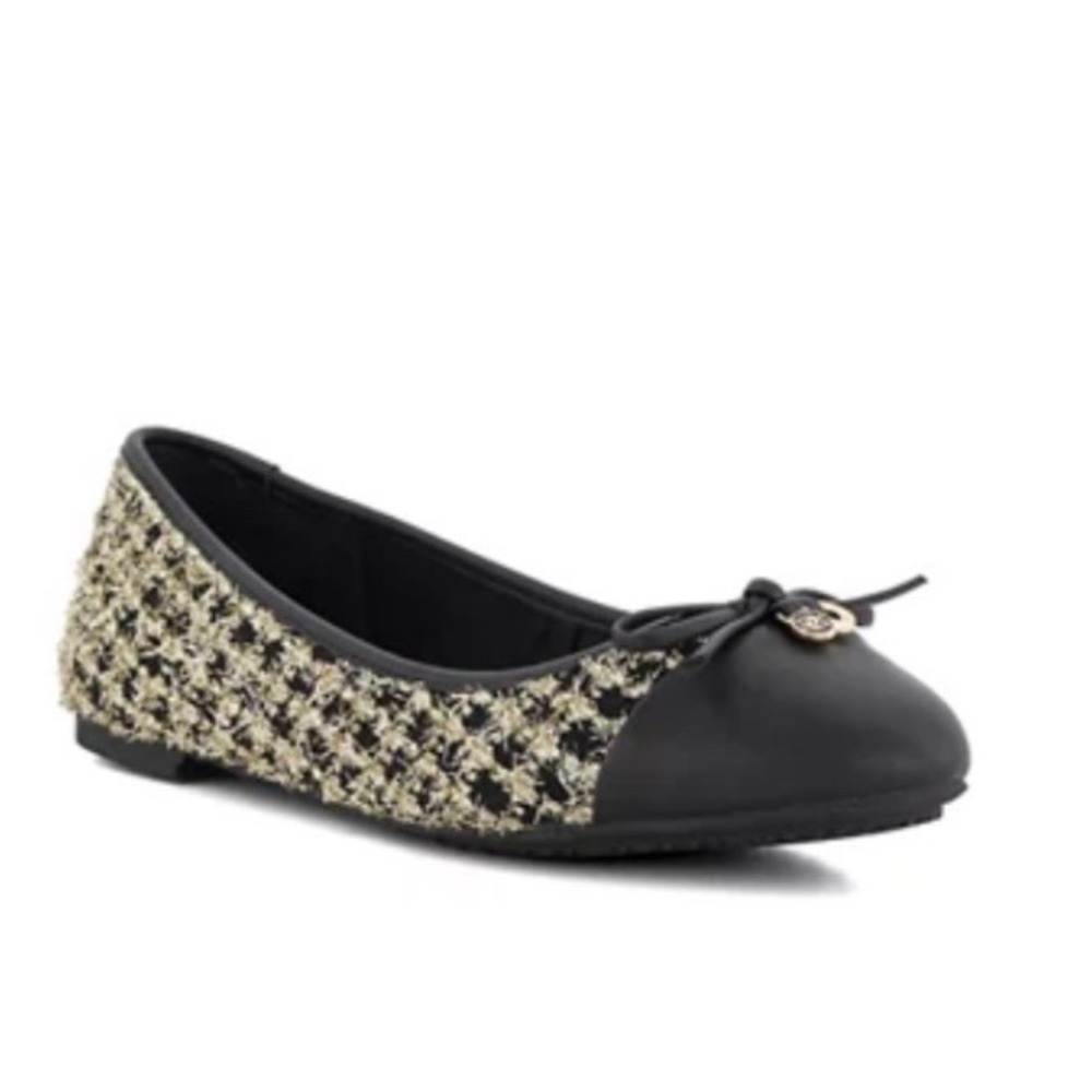 Dune London Hallo Ballet Flats 8 Black Gold Tweed Metallic Bow Logo Charm